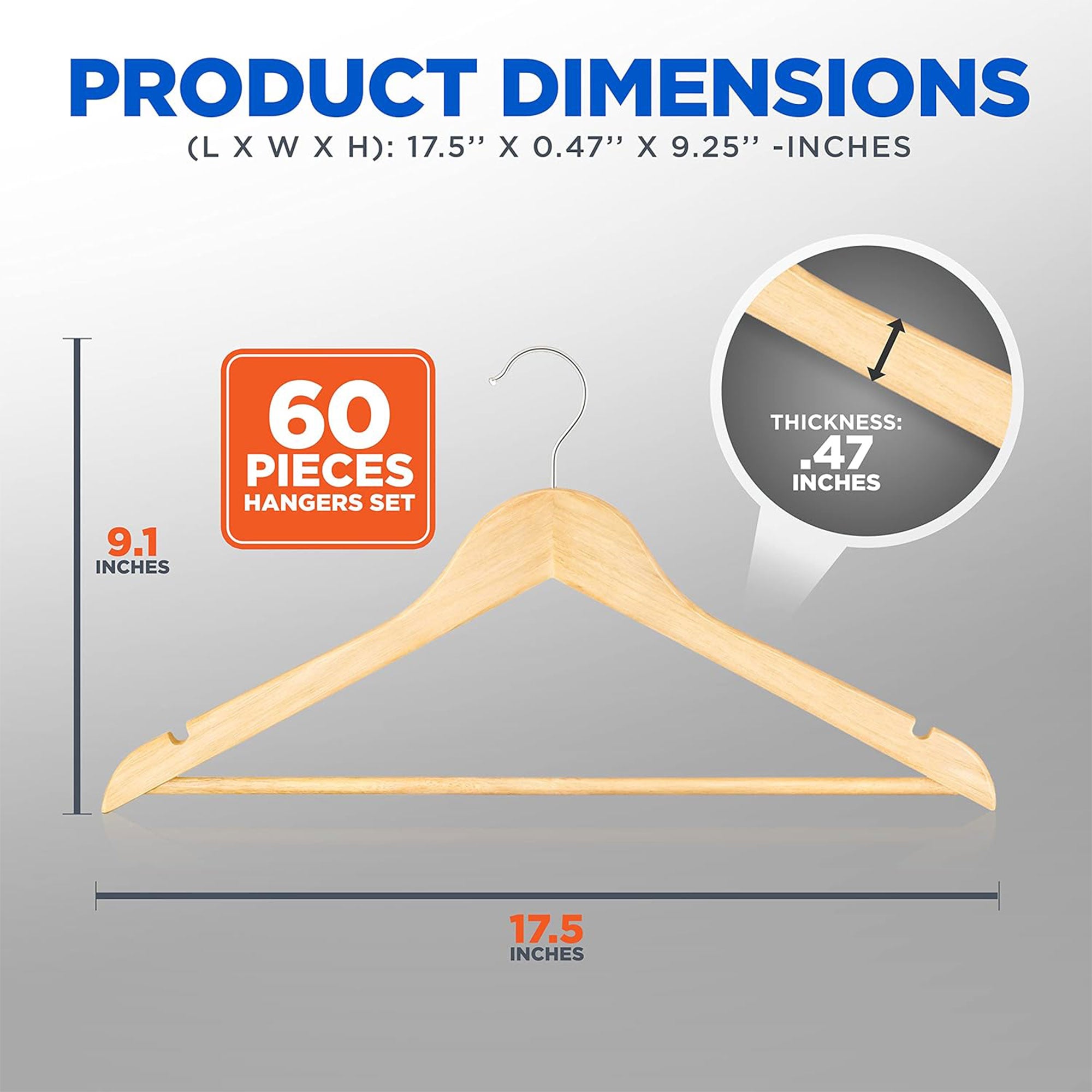 SereneLife Heavy Duty Solid Wooden Hanger Set of 60 with 360 Degree Swivel Hook - VMInnovations