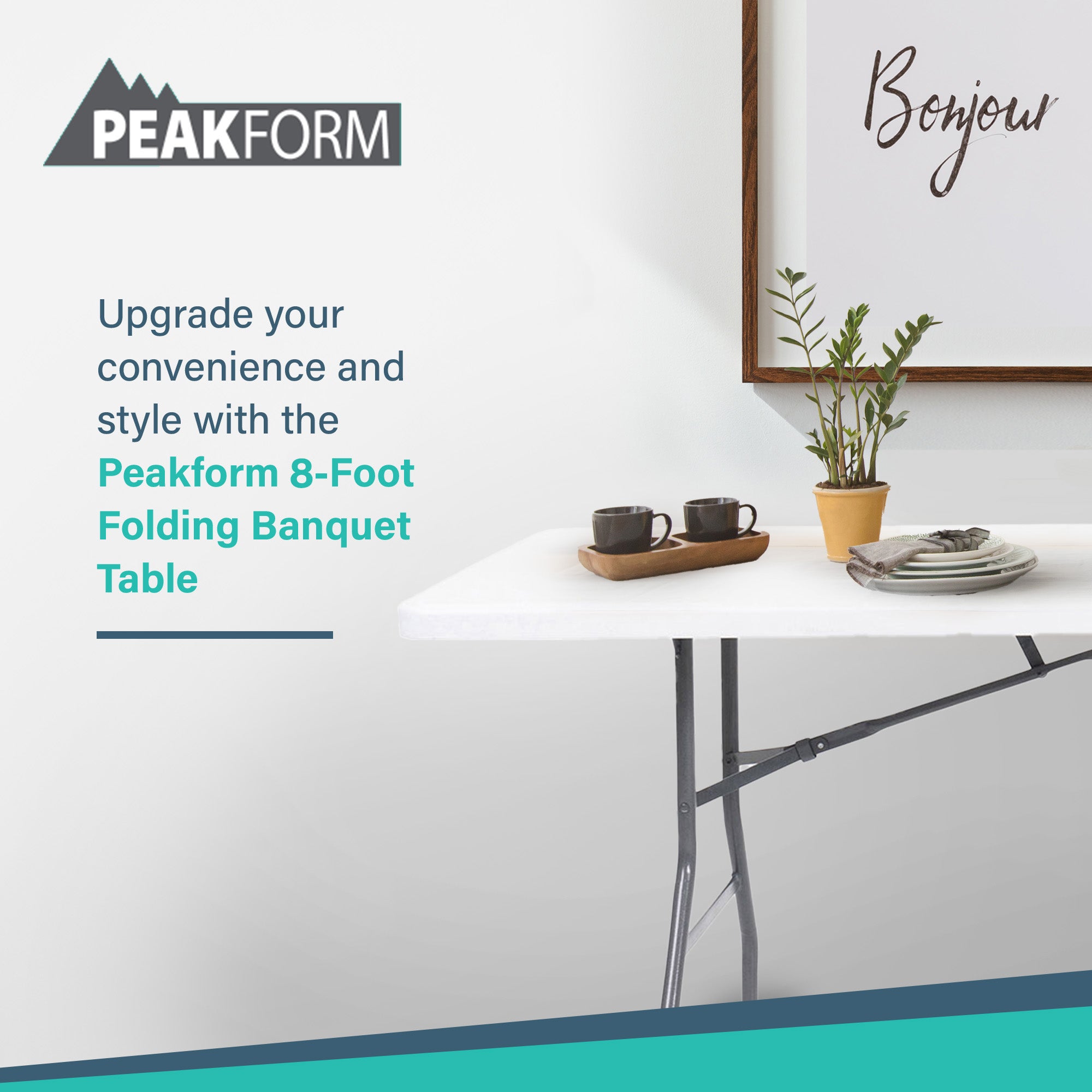Peakform Compact Fold In Half Banquet Table for Indoor Outdoor Use, 8 Ft, White