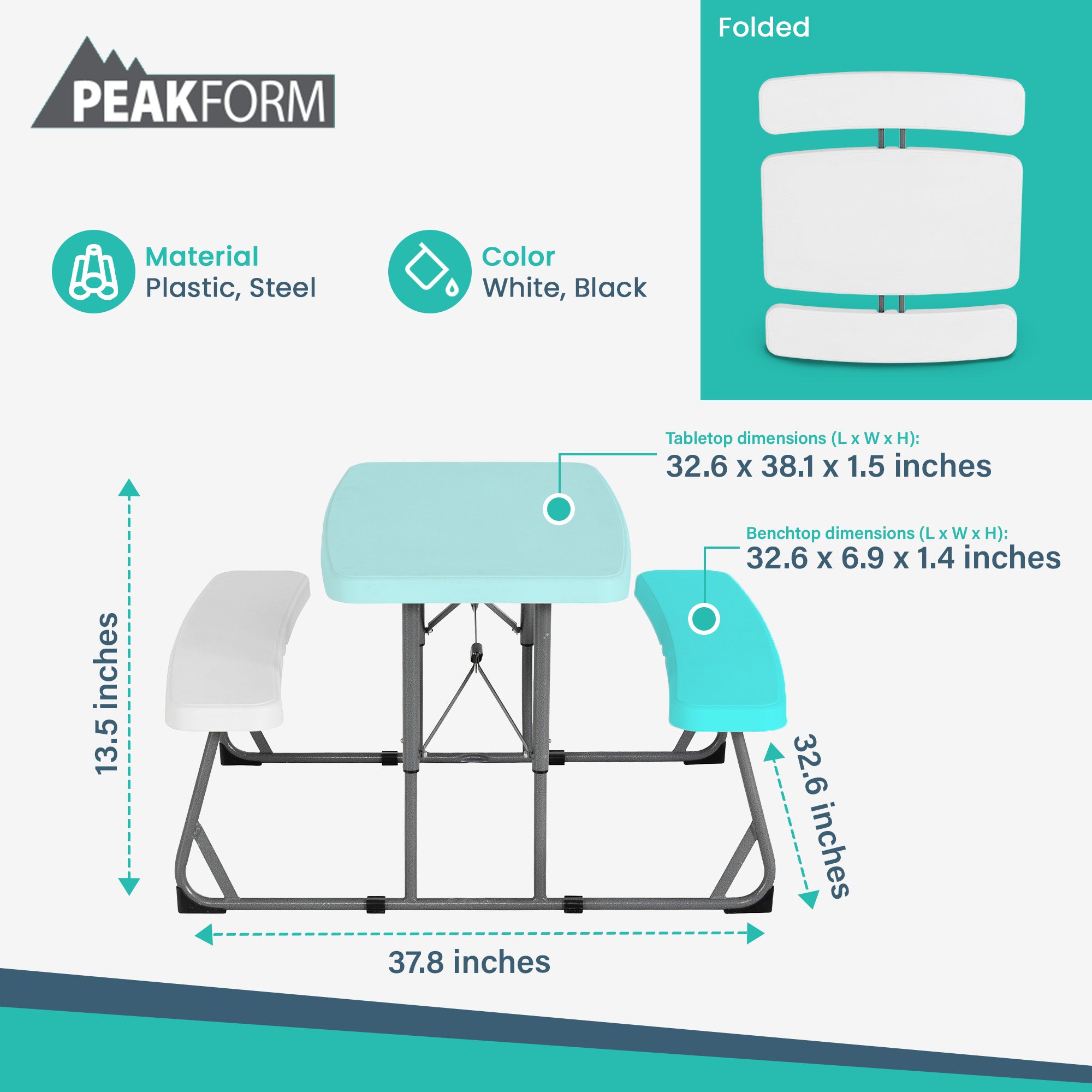 Peakform 37.8" Rectangular Folding Picnic Table Bench Seating, White (Open Box) - VMInnovations