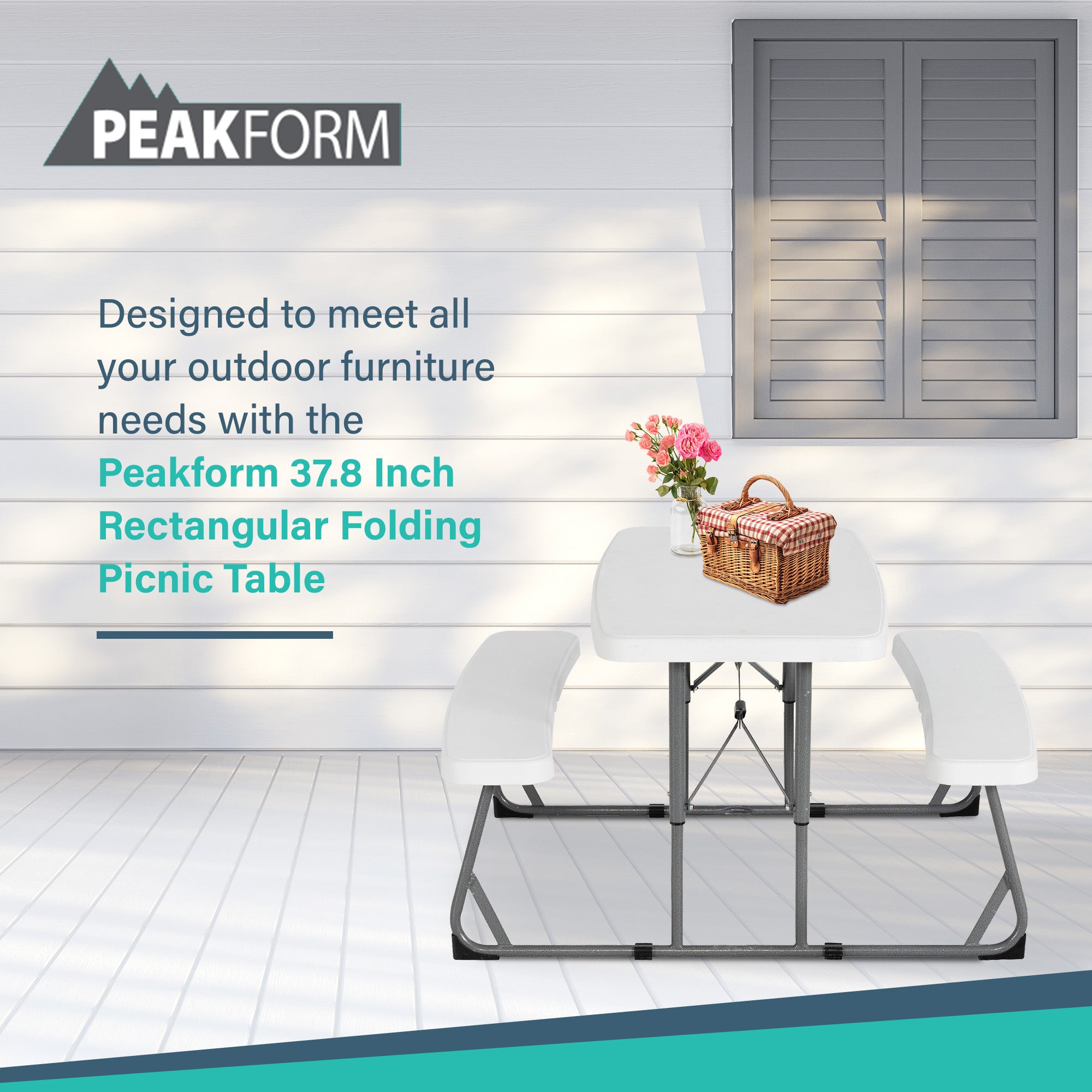 Peakform 37.8" Rectangular Folding Picnic Table Bench Seating, White (Open Box) - VMInnovations