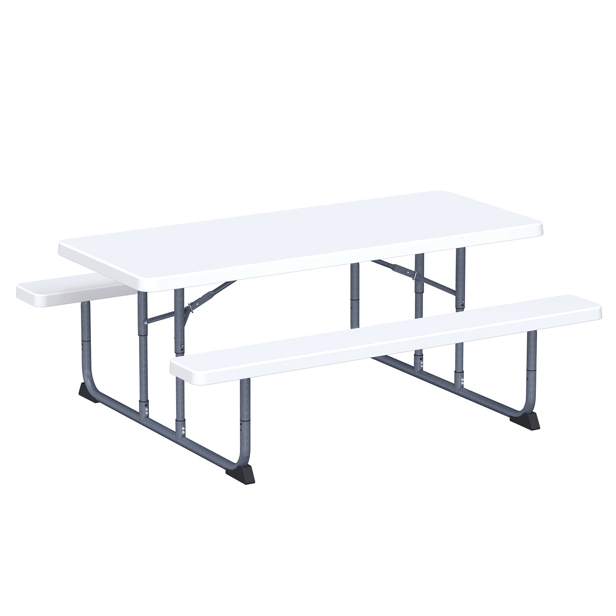 Peakform 6 Foot Rectangular Picnic Table, Double Bench Wood Grain Seating, White