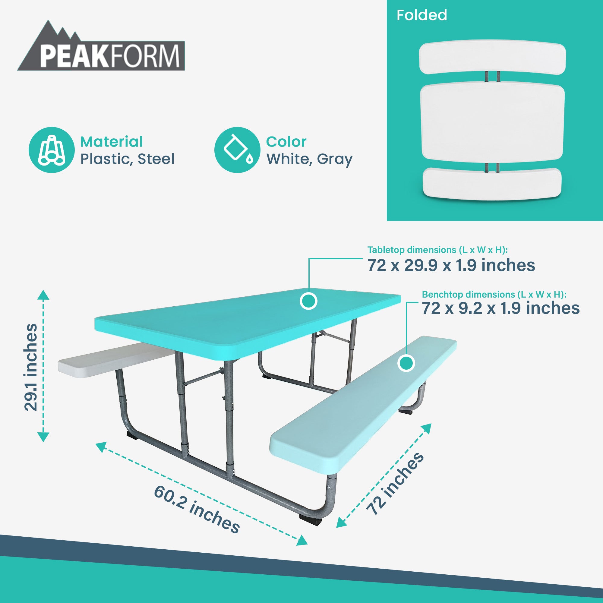 Peakform 6 Foot Rectangular Picnic Table, Double Bench Wood Grain Seating, White - VMInnovations