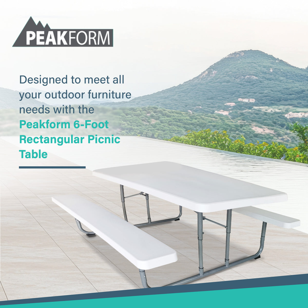 Peakform 6 Foot Rectangular Picnic Table, Double Bench Wood Grain Seating, White - VMInnovations