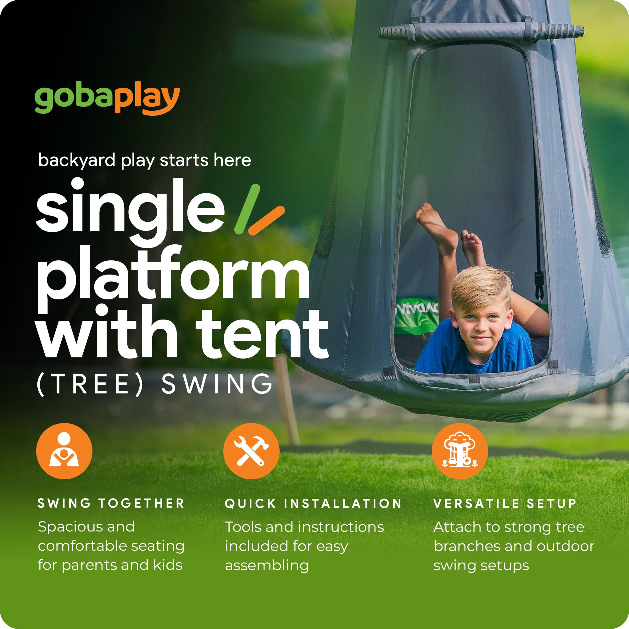 gobaplay Discovery Kids Swing Set, Outdoor Frame, Tent Saucer, Swings, & Trapeze - VMInnovations