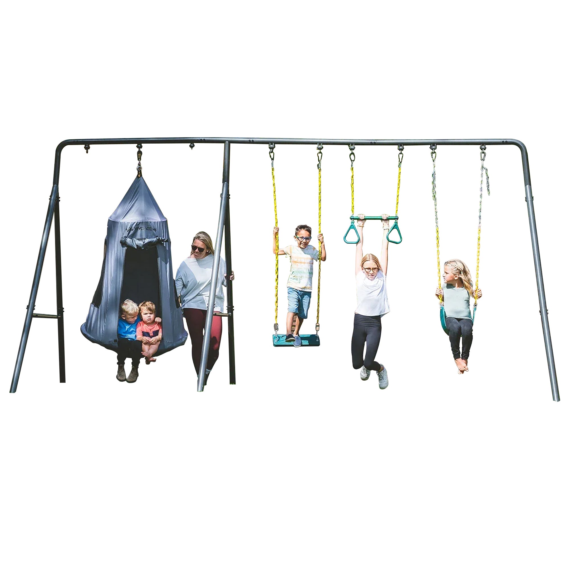 gobaplay Discovery Kids Swing Set, Outdoor Frame, Tent Saucer, Swings, & Trapeze