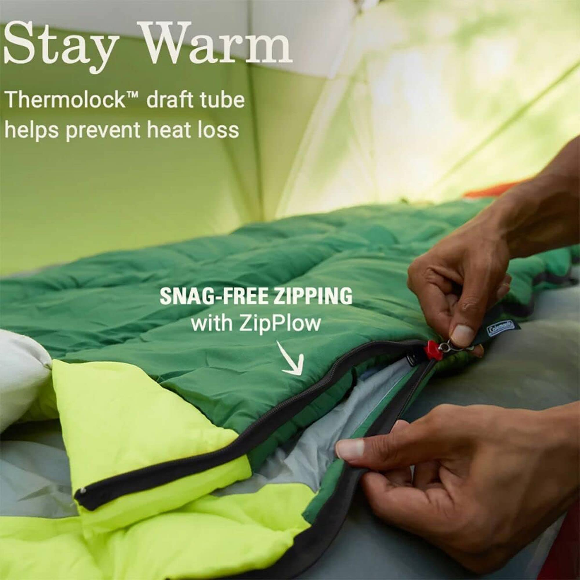 Coleman Bay Cold Weather Sleeping Bag w/ZipPlow & Thermolock, Green (Open Box) - VMInnovations