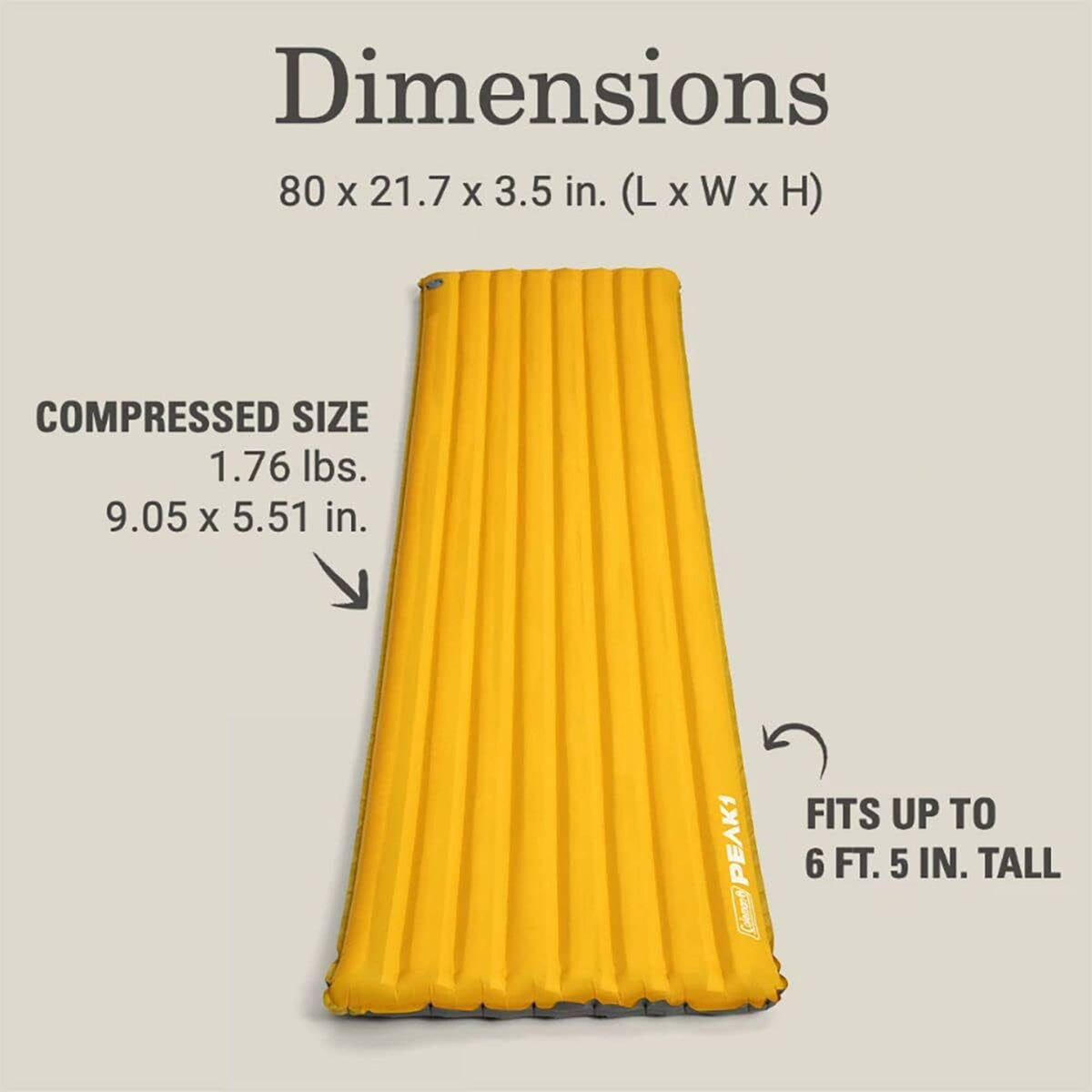 Coleman PEAK1 Sleeping Camp Pad w/ Integrated Valve System & Carry Bag, Marigold