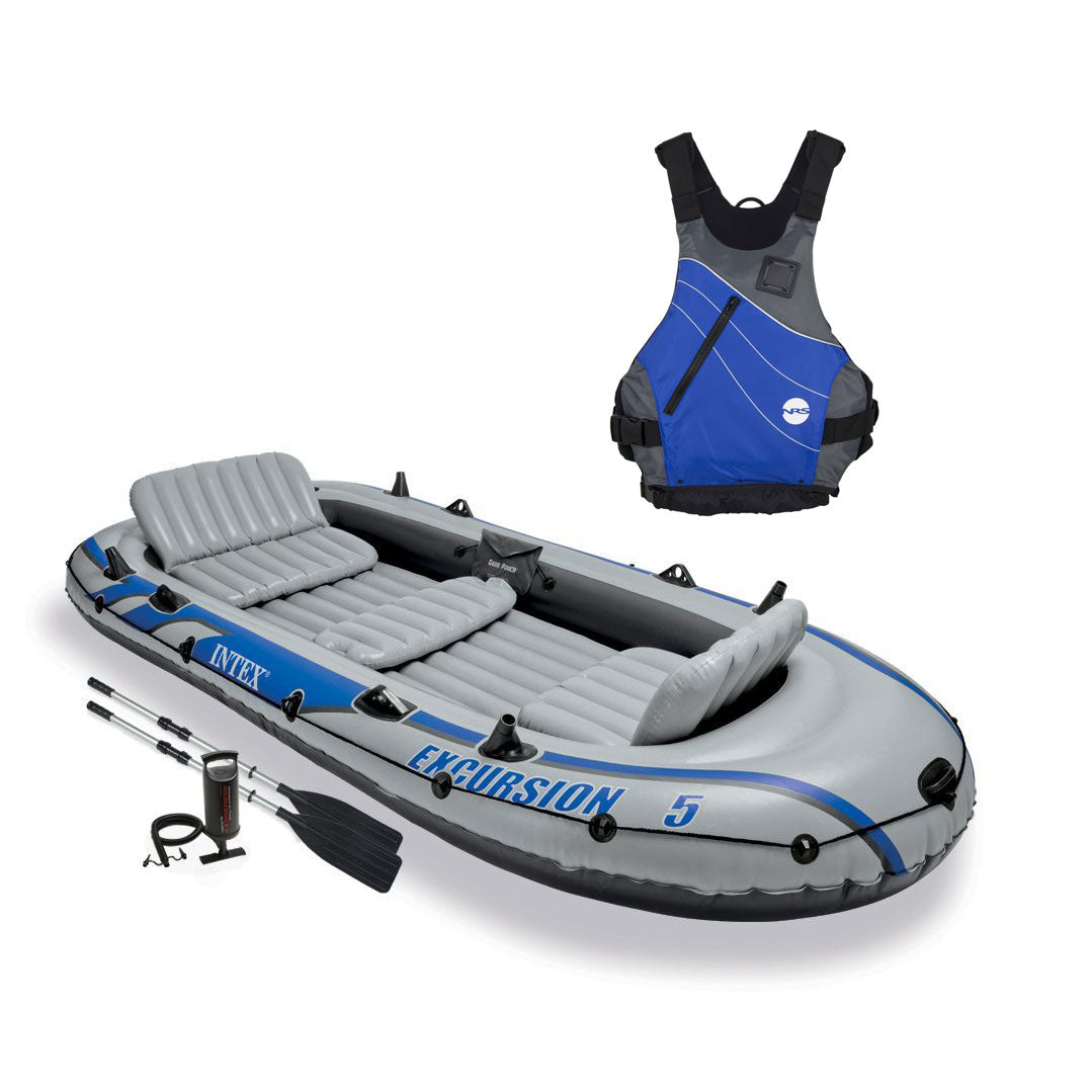 Intex Excursion 5 Person Inflatable Raft, 2 Oars & Blue Life Jacket, Large XL