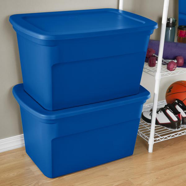 Sterilite 30 Gallon Plastic Stackable Storage Tote Container Box, Blue (6 Pack)