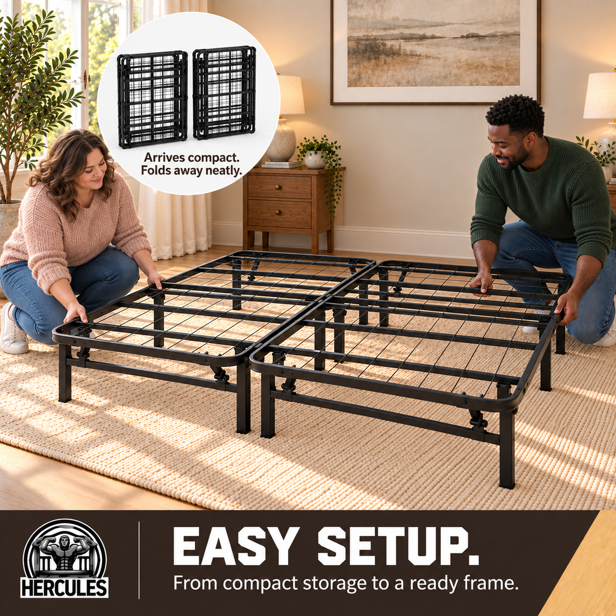Hercules Folding Metal Bed Frame, 14 Inch Platform Mattress Foundation, King