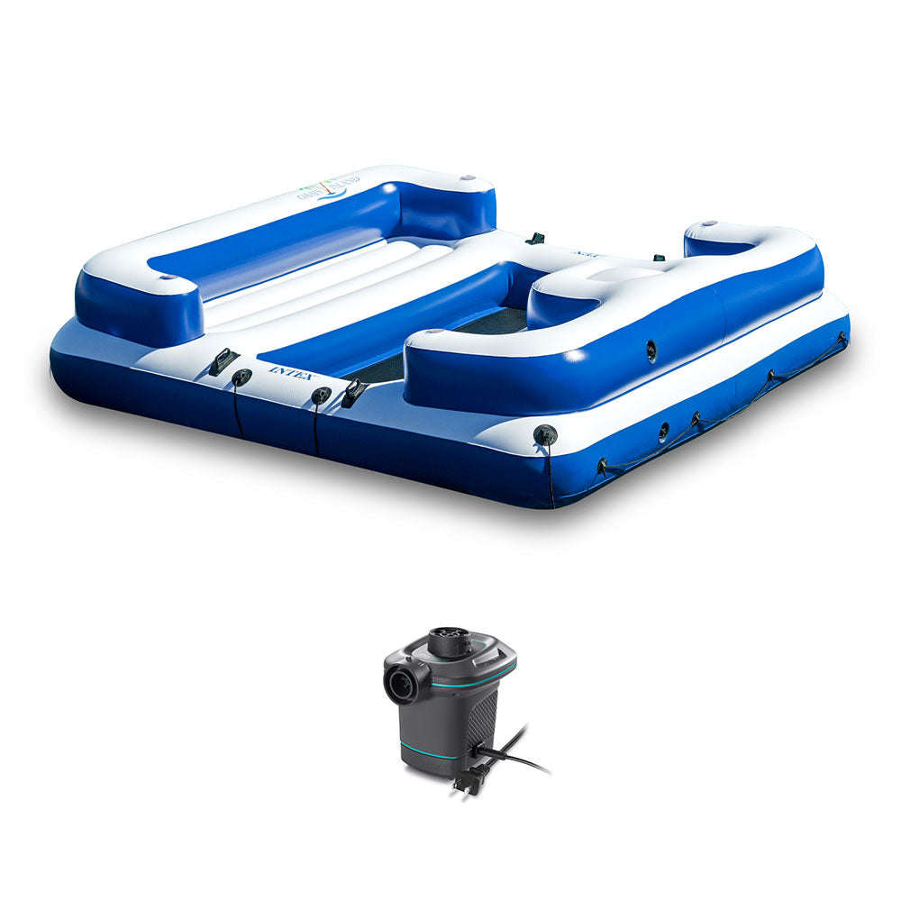 Intex Oasis Island Inflatable Giant 5 Person Lake Lounge w/ AC Electric Air Pump - VMInnovations