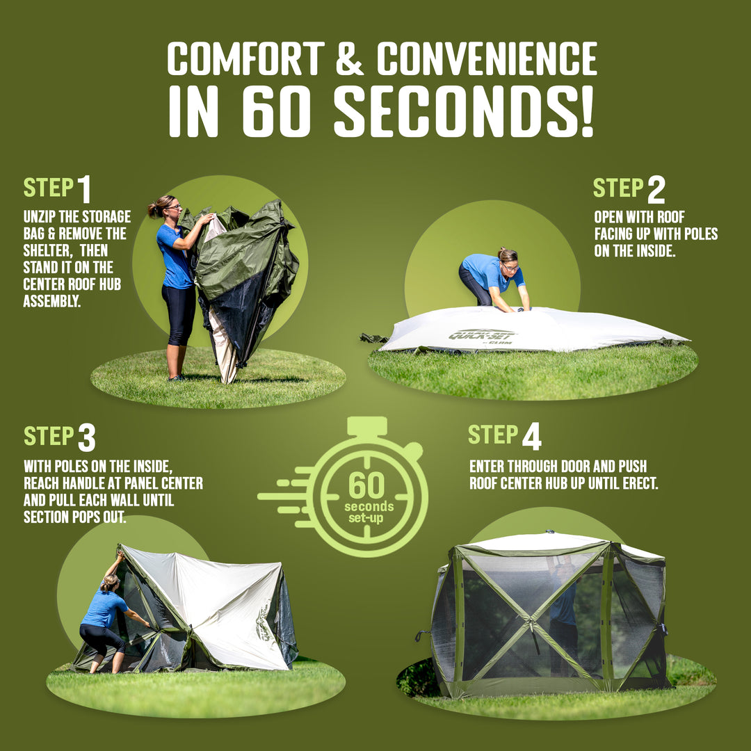 CLAM Quick-Set Pavilion 12.5x12.5 Ft Portable Canopy Shelter, Green/Tan (Used) - VMInnovations
