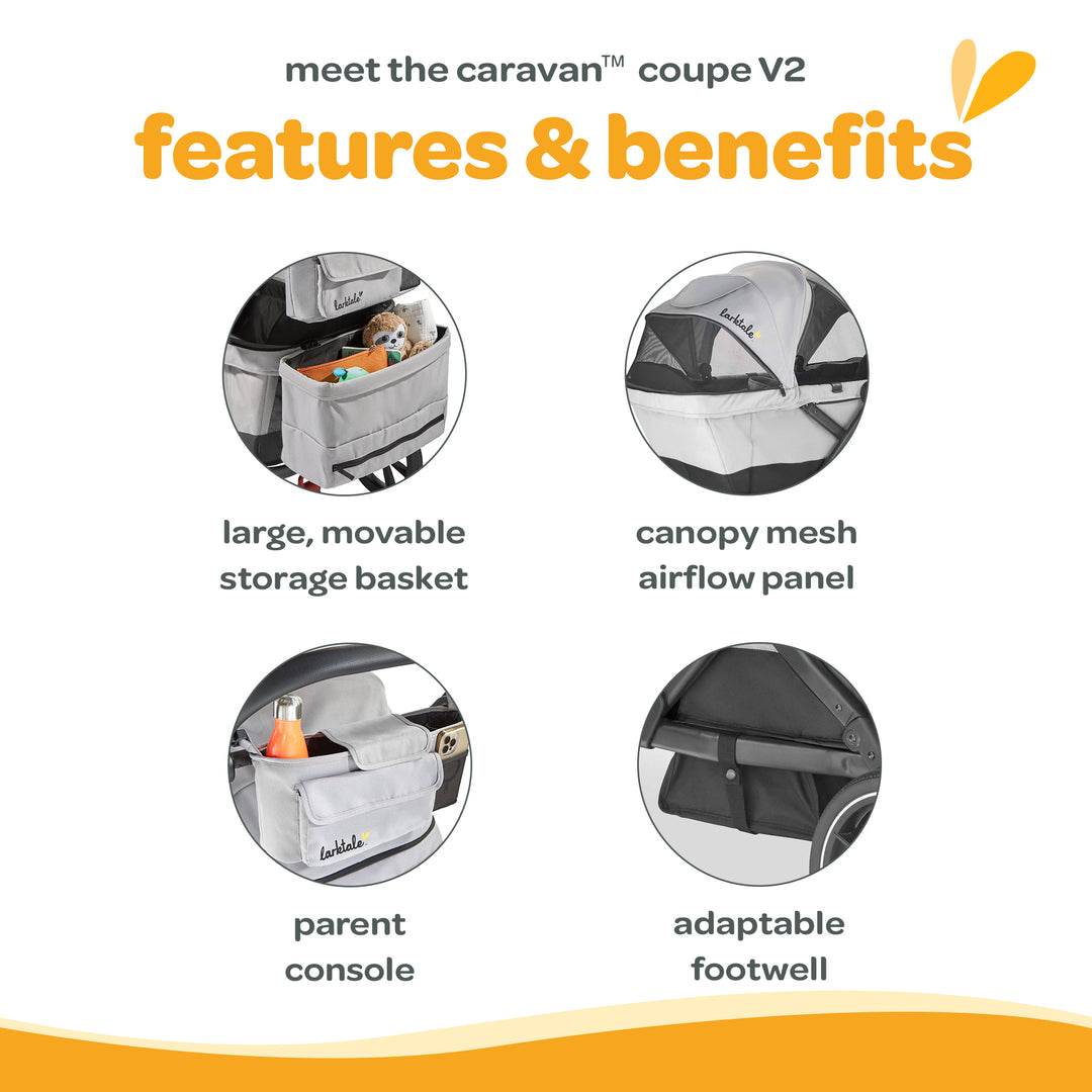 Larktale Coupe V2 Compact Stroller, Reclining 2-Seat Wagon, Gray/Black(Open Box) - VMInnovations