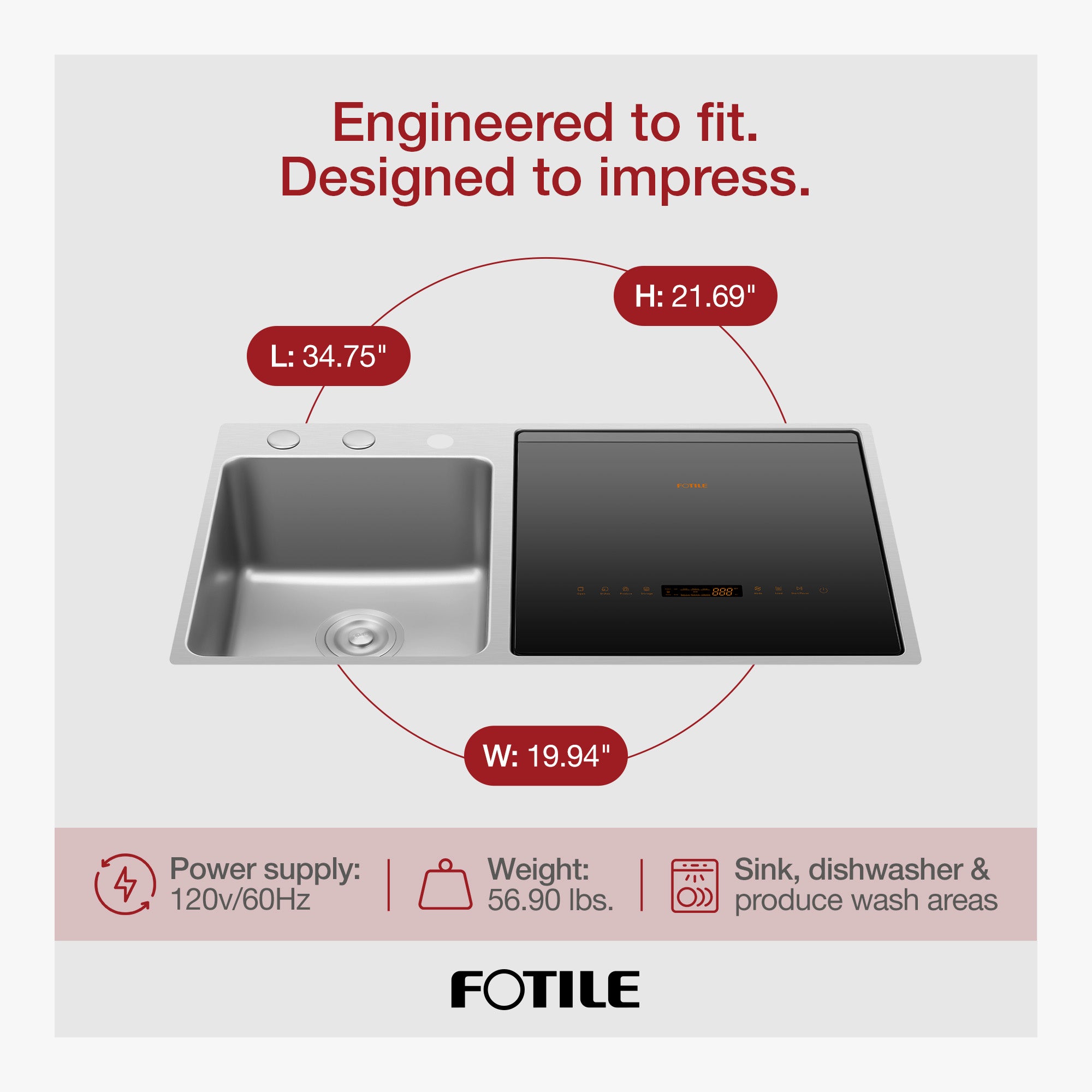 FOTILE 3-in-1 Dishwasher, Right Side Kitchen Sink Combo with 360-Degree Cleaning