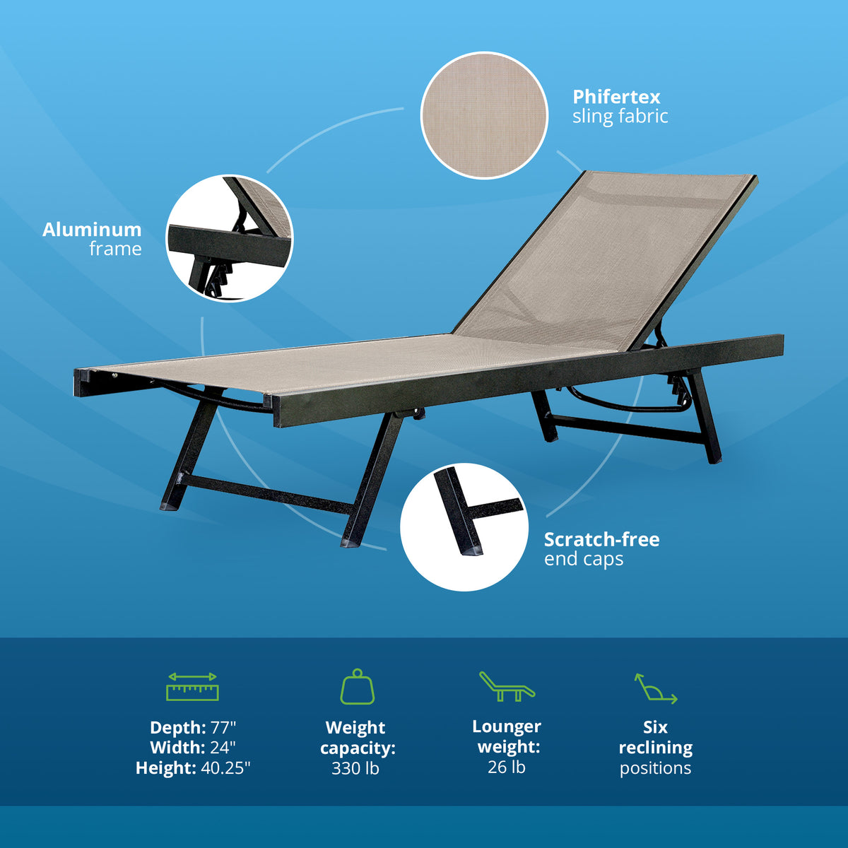 Vivere Aluminum Outdoor Chaise Lounge Chairs for Patio and Pool, Set of 2, Cocoa