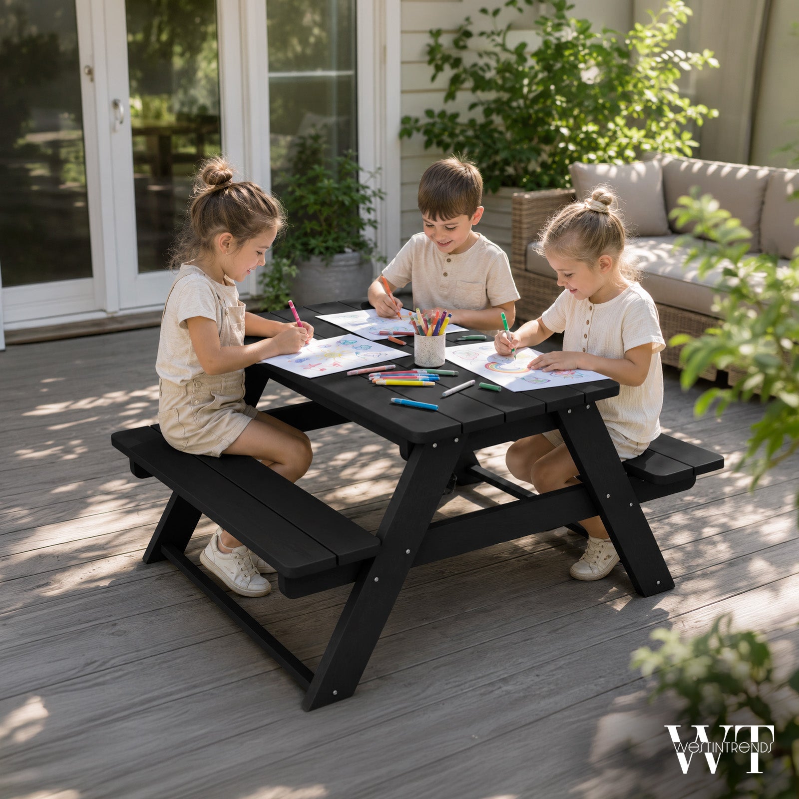 WestinTrends Malibu Indoor/Outdoor Patio HDPE Picnic Bench Table for Kids, Black