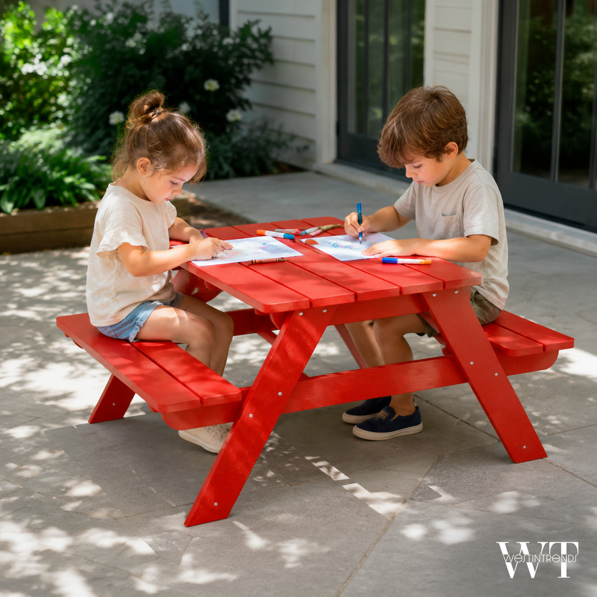 WestinTrends Malibu Indoor/Outdoor Patio HDPE Picnic Bench Table for Kids, Red