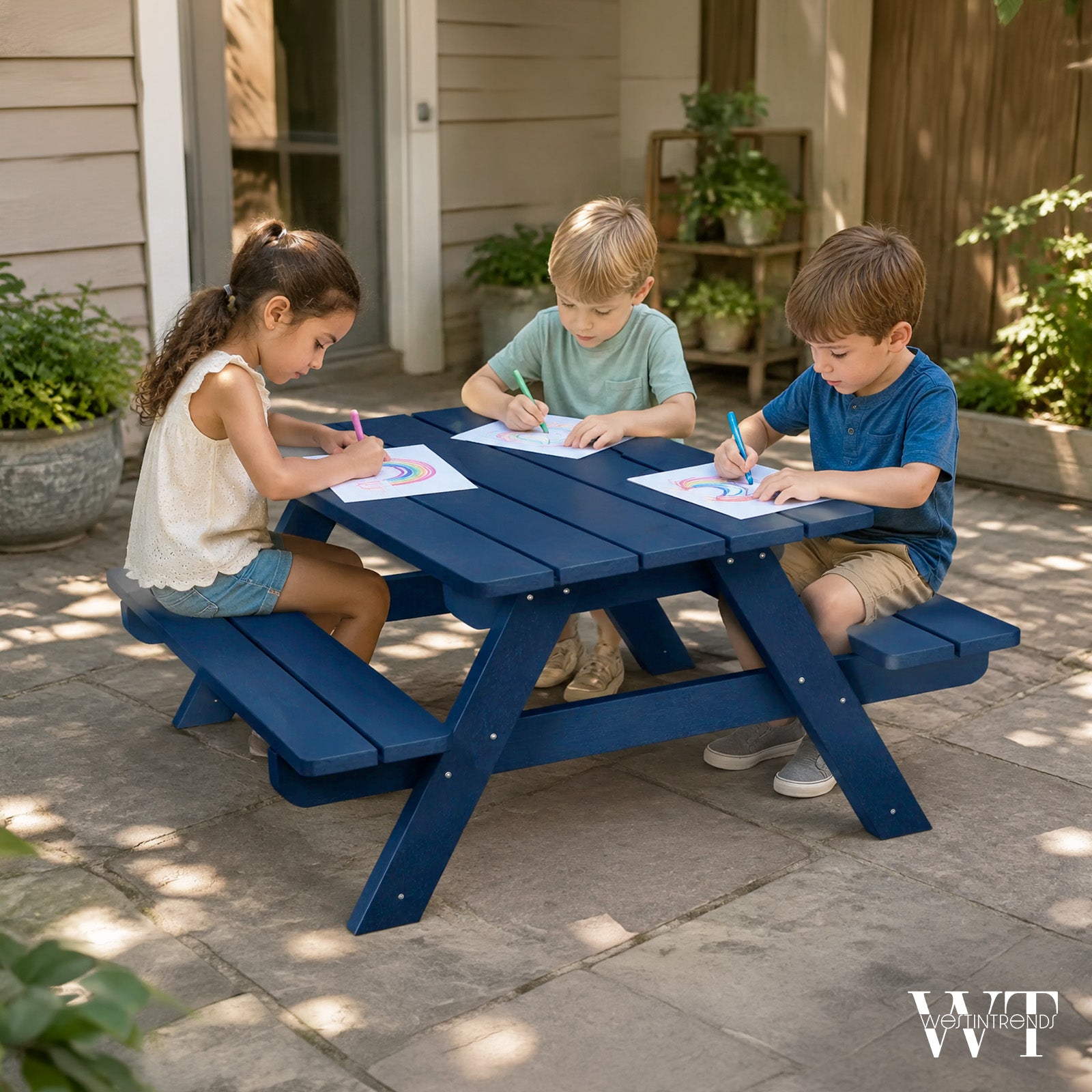 WestinTrends Malibu Outdoor Patio HDPE Picnic Bench Table for Kids, Navy Blue