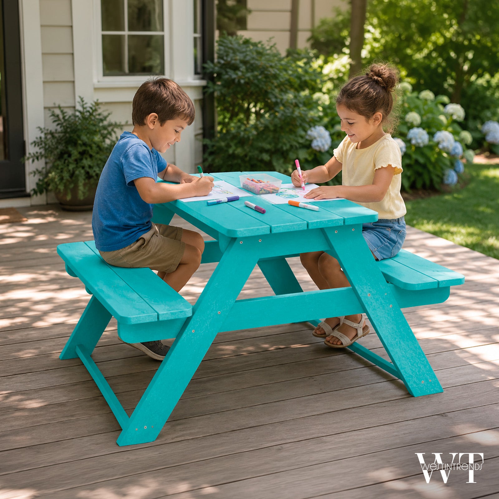 WestinTrends Malibu Indoor/Outdoor HDPE Picnic Bench Table for Kids, Turquoise