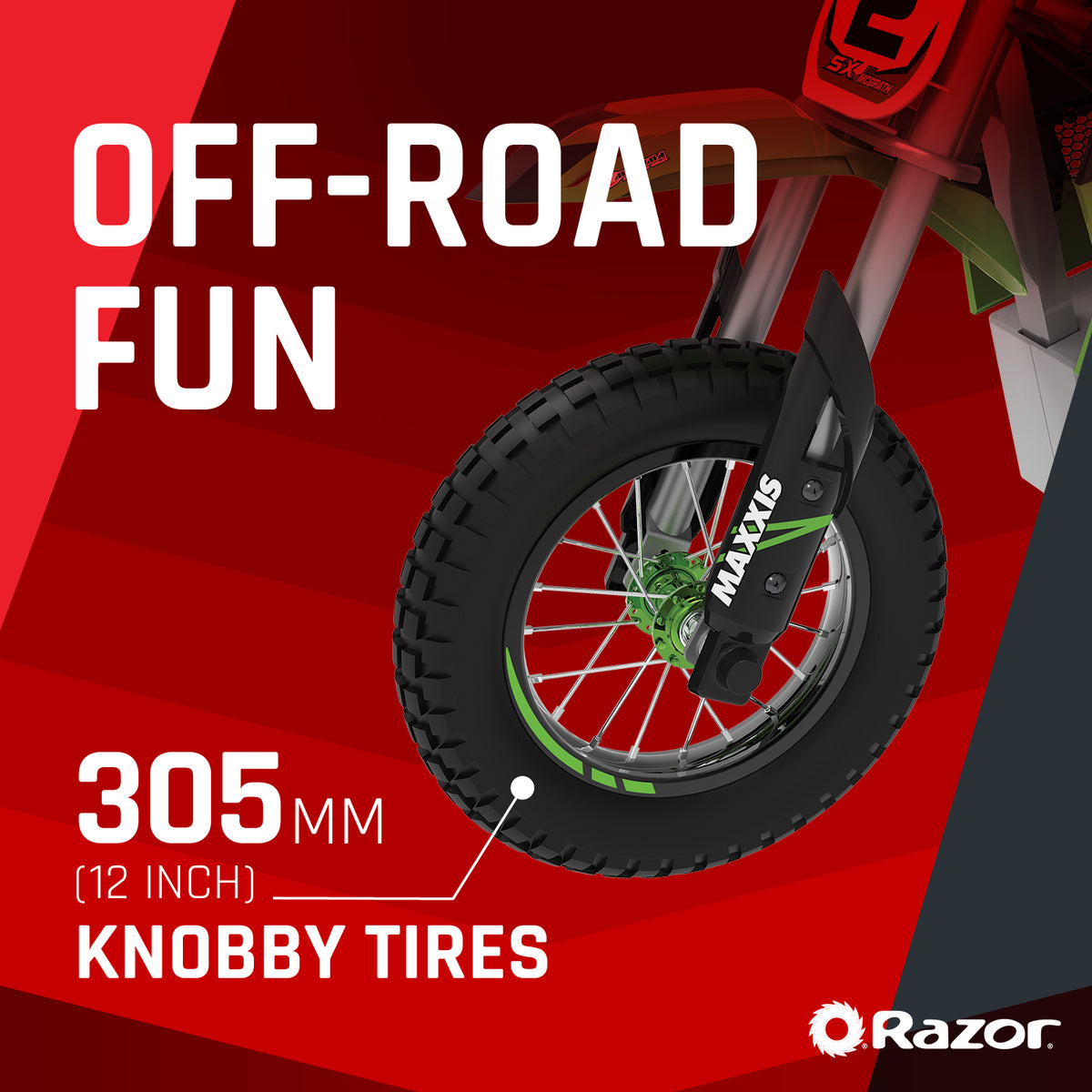 Razor SX350 McGrath Pneumatic Knobby Tires Electric Dirt Rocket Bike, Green