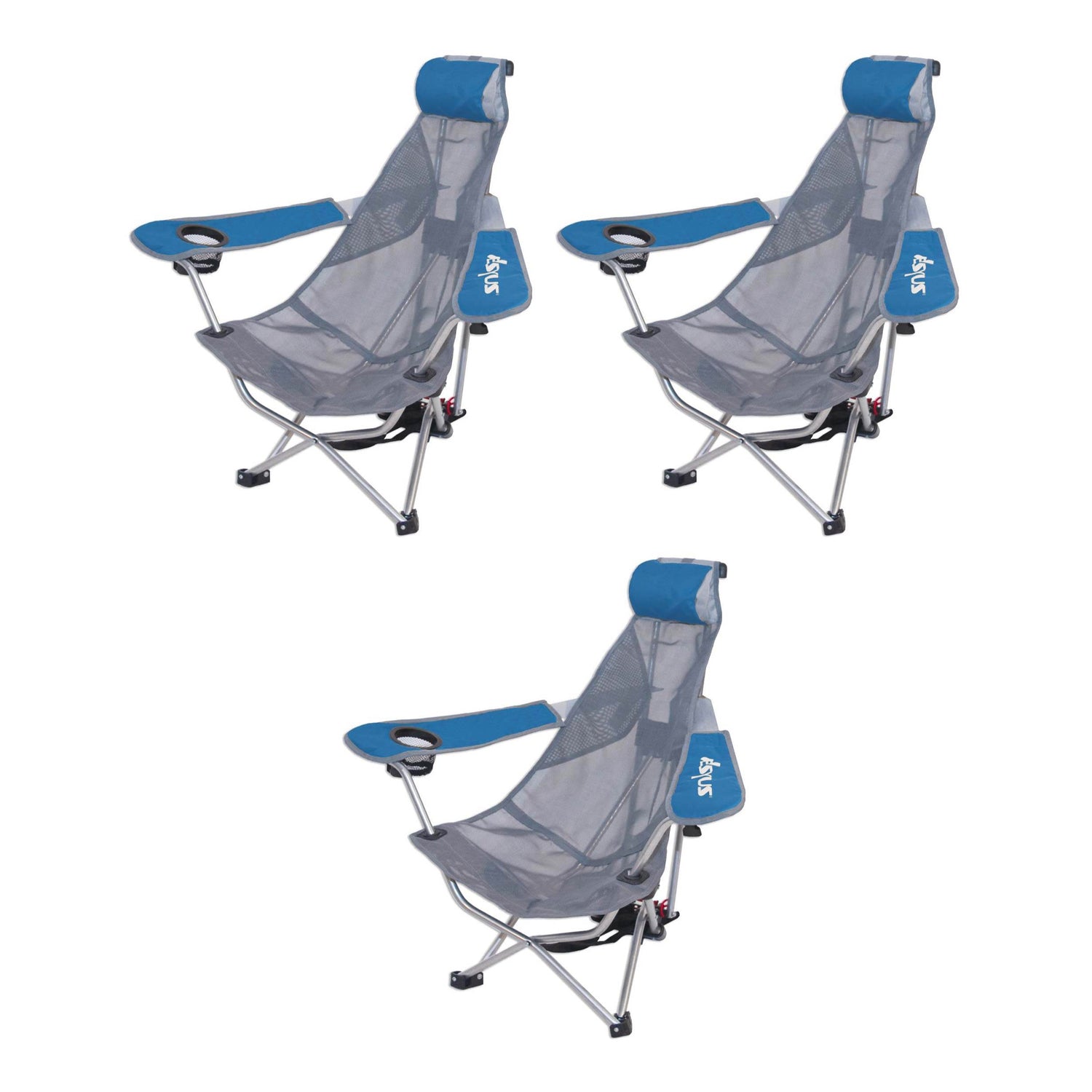 Kelsyus Mesh Folding Backpack Beach Chair with Headrest, Blue (3 Pack) - VMInnovations