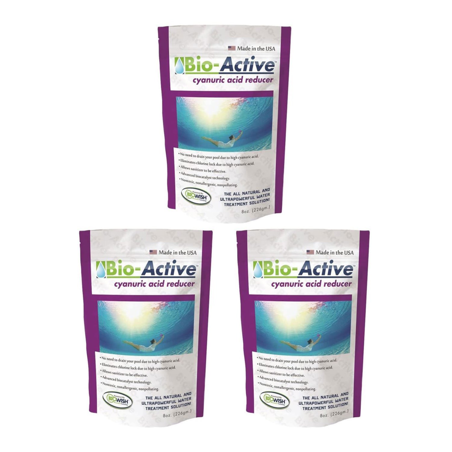 Bio-Active Non Polluting Cyanuric Acid Reducer Powder for Pools, 8 Oz (3 Pack) - VMInnovations