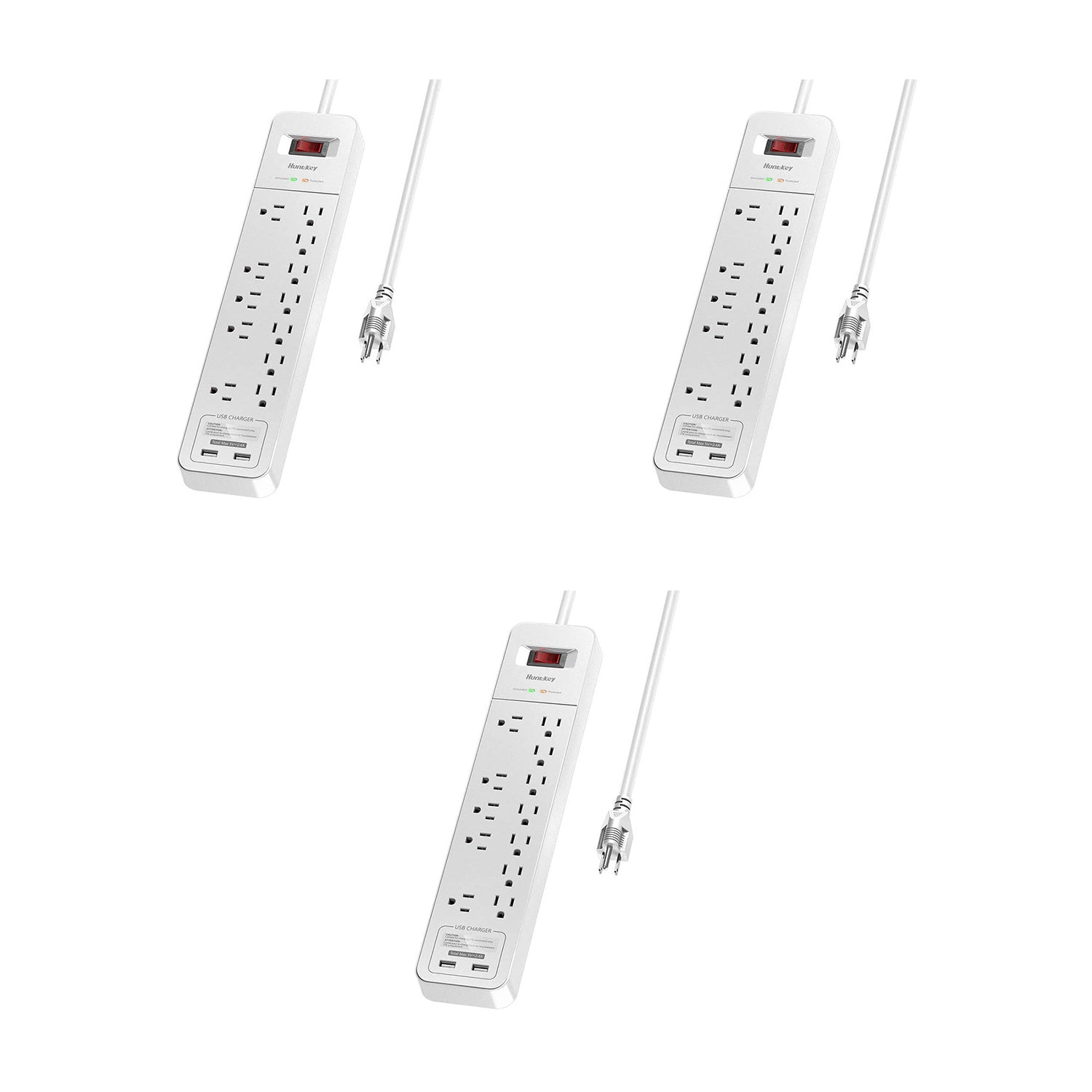 Huntkey Power Strip with 12 AC Sockets and 2 USB Charging Ports, White (3 Pack)