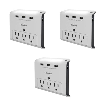 Huntkey Wall Mount Outlet with 3 2.1 Amp USB Ports and Outlets, Gray (3 Pack)