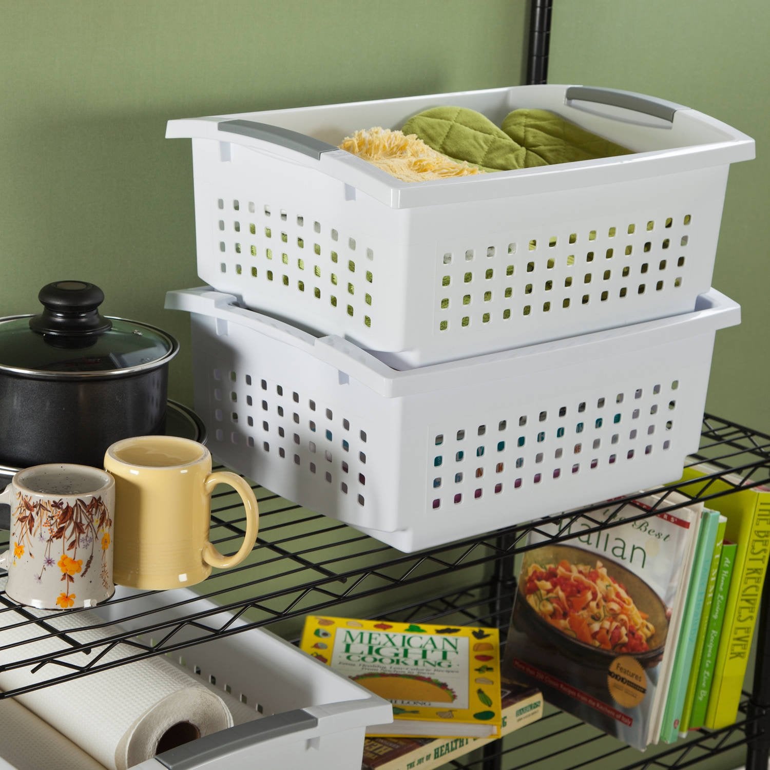Sterilite 16608006 Small Stacking Basket with Titanium Accents, White (48 Pack)