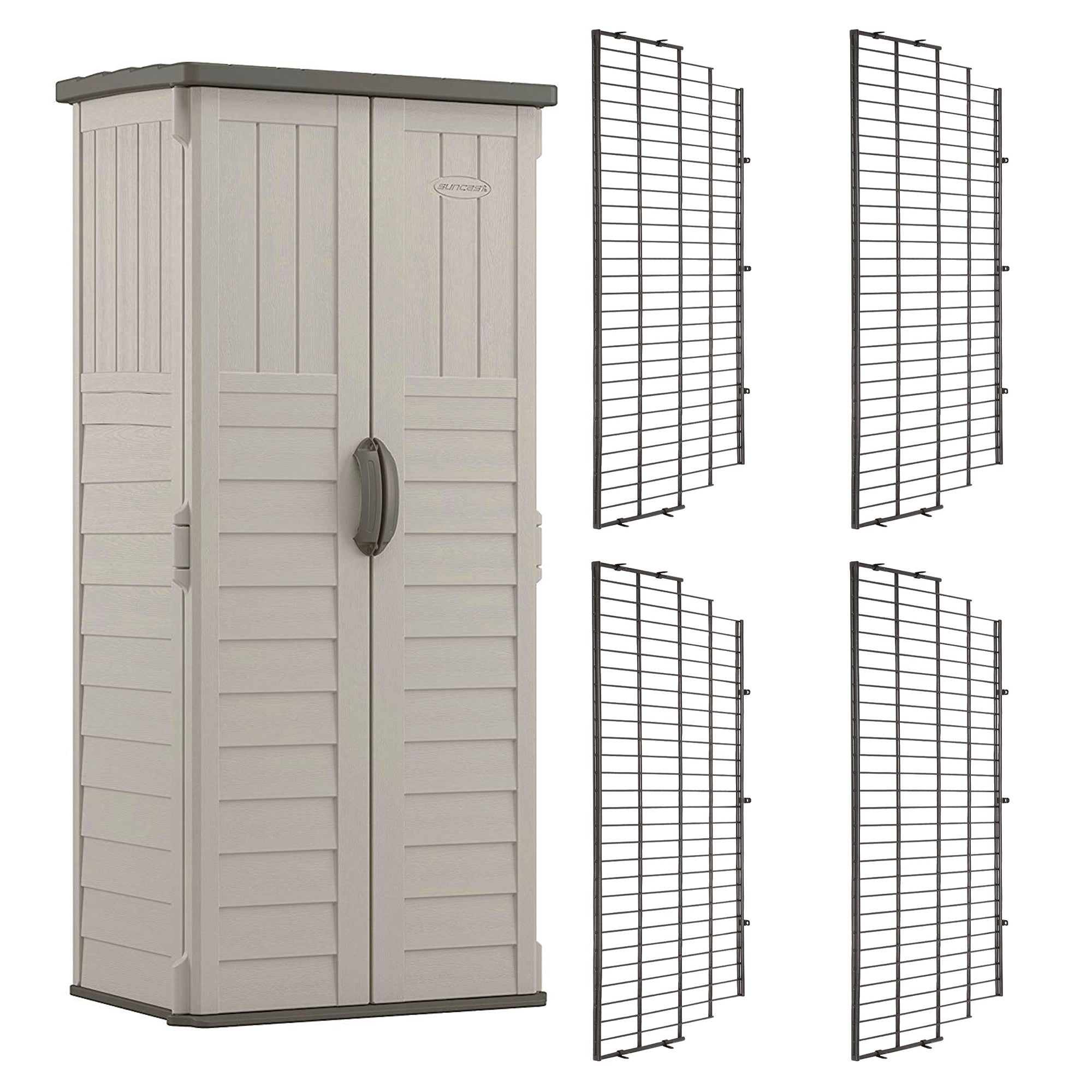 Suncast Vertical Storage Shed Bundled w/ Metal Wire Shelf Rack Shelving (4 Pack)