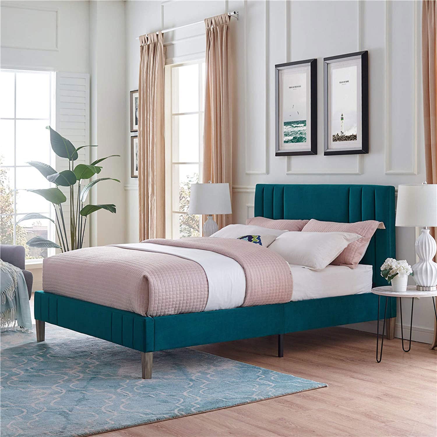 Classic Brands Chicago Modern Tufted Upholstered Platform Bed Frame, Full, Teal