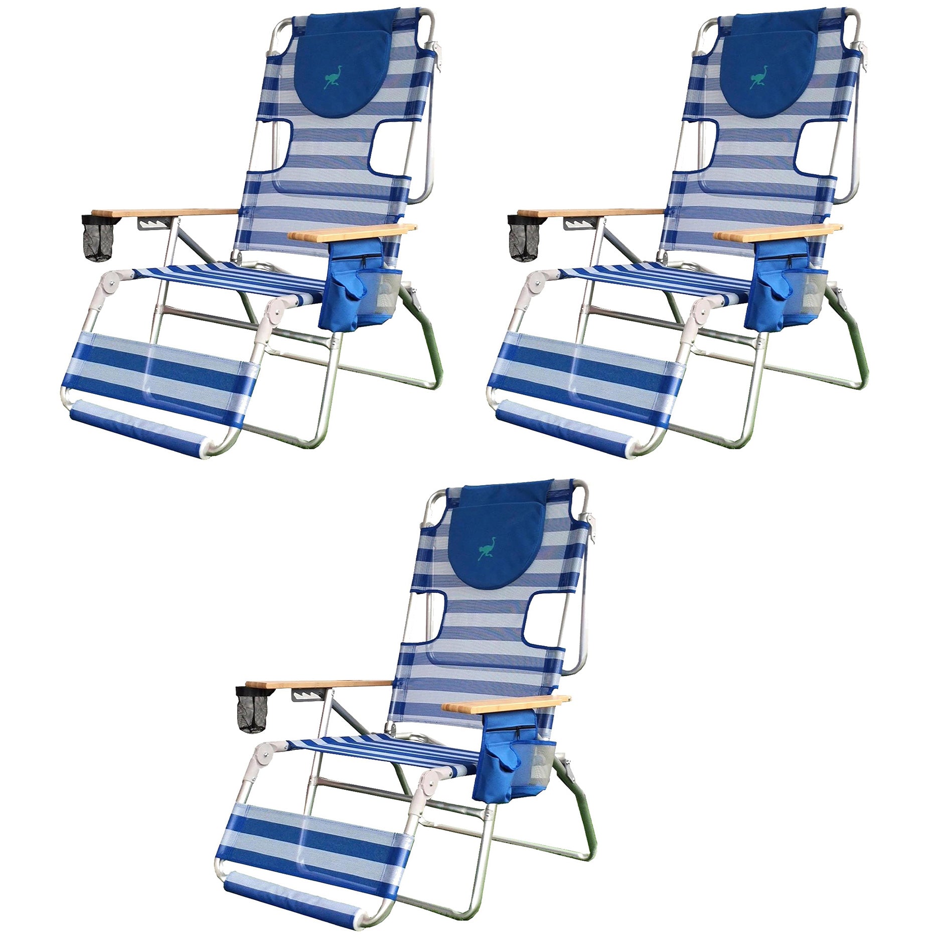 Ostrich 3-N-1 Altitude Outdoor Reclining Patio Beach Lounge Chair, Blue (3 Pack) - VMInnovations