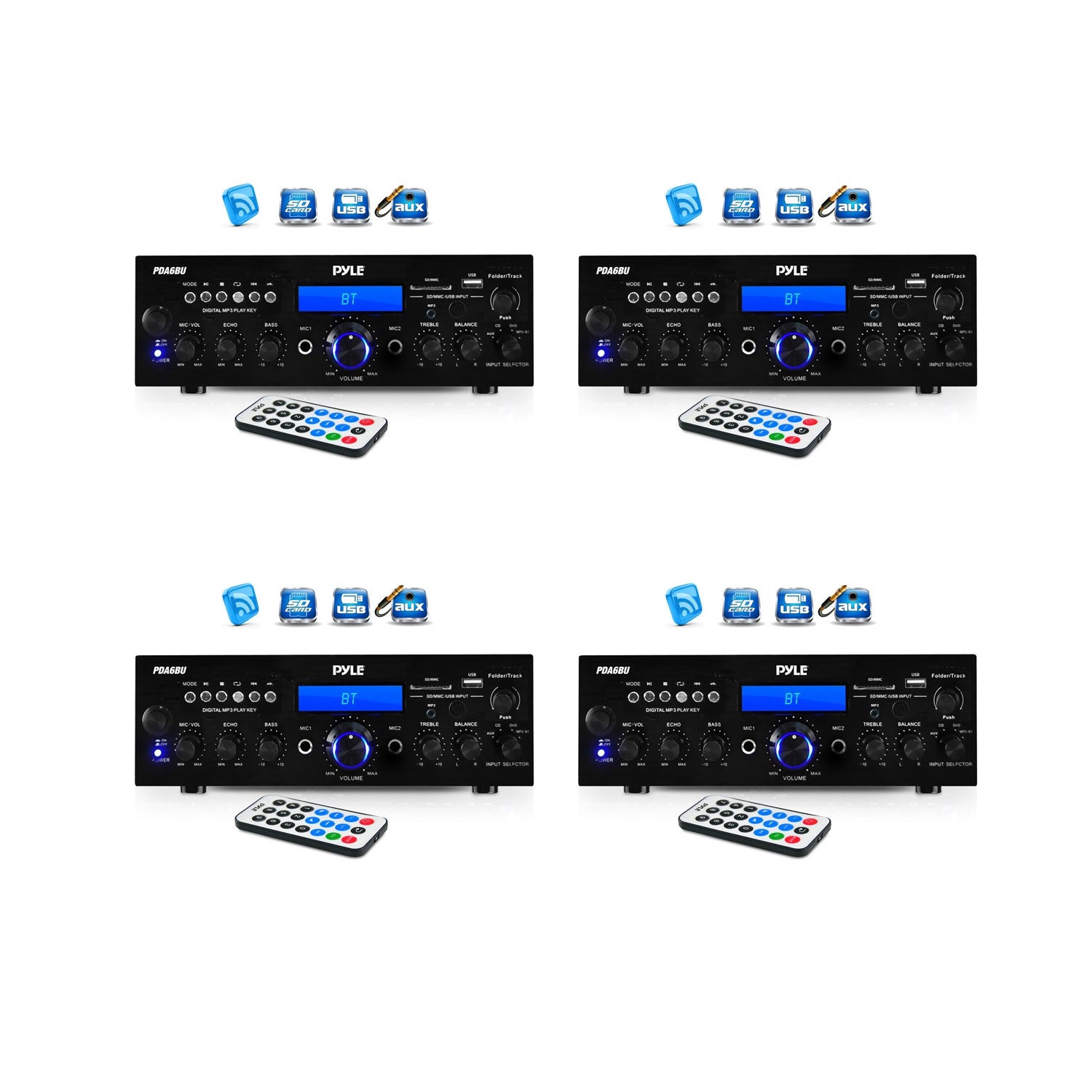 Pyle 200W Bluetooth LCD Home Stereo Amp Receiver w/Remote & FM Antenna (4 Pack)