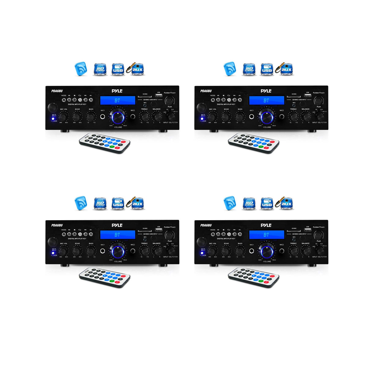 Pyle 200W Bluetooth LCD Home Stereo Amp Receiver w/Remote & FM Antenna (4 Pack)
