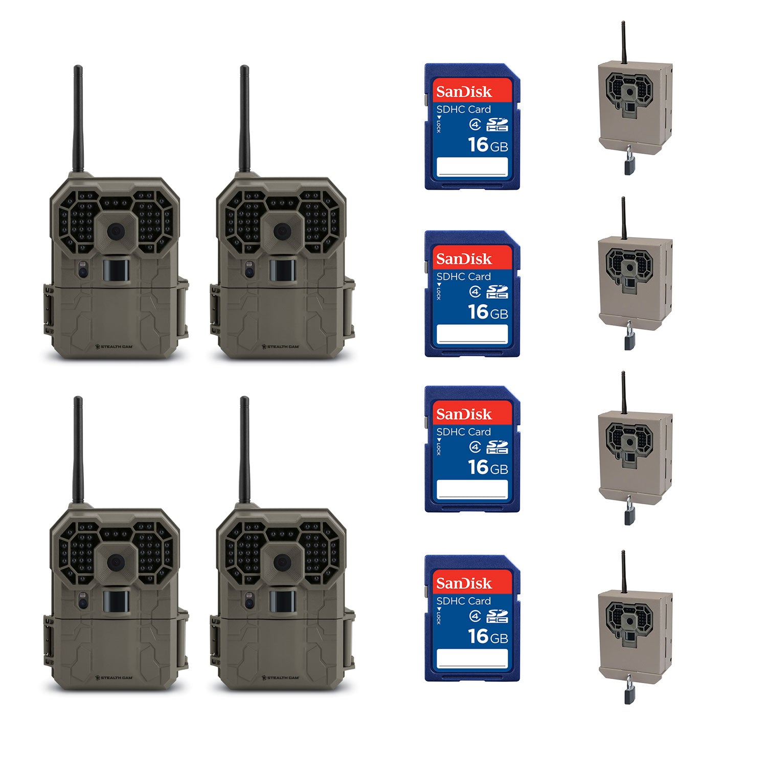 Stealth Cam 12MP Game Camera (4 Pk) + 16GB SD Card (4 Pk) + Security Box (4 Pk)
