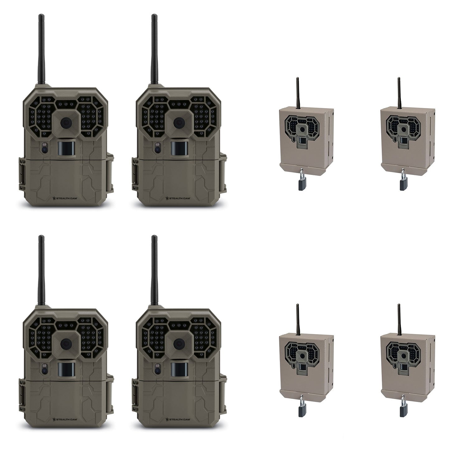 Stealth Cam 12MP Wireless Trail Camera (4 Pack) + Camera Security Box (4 Pack)