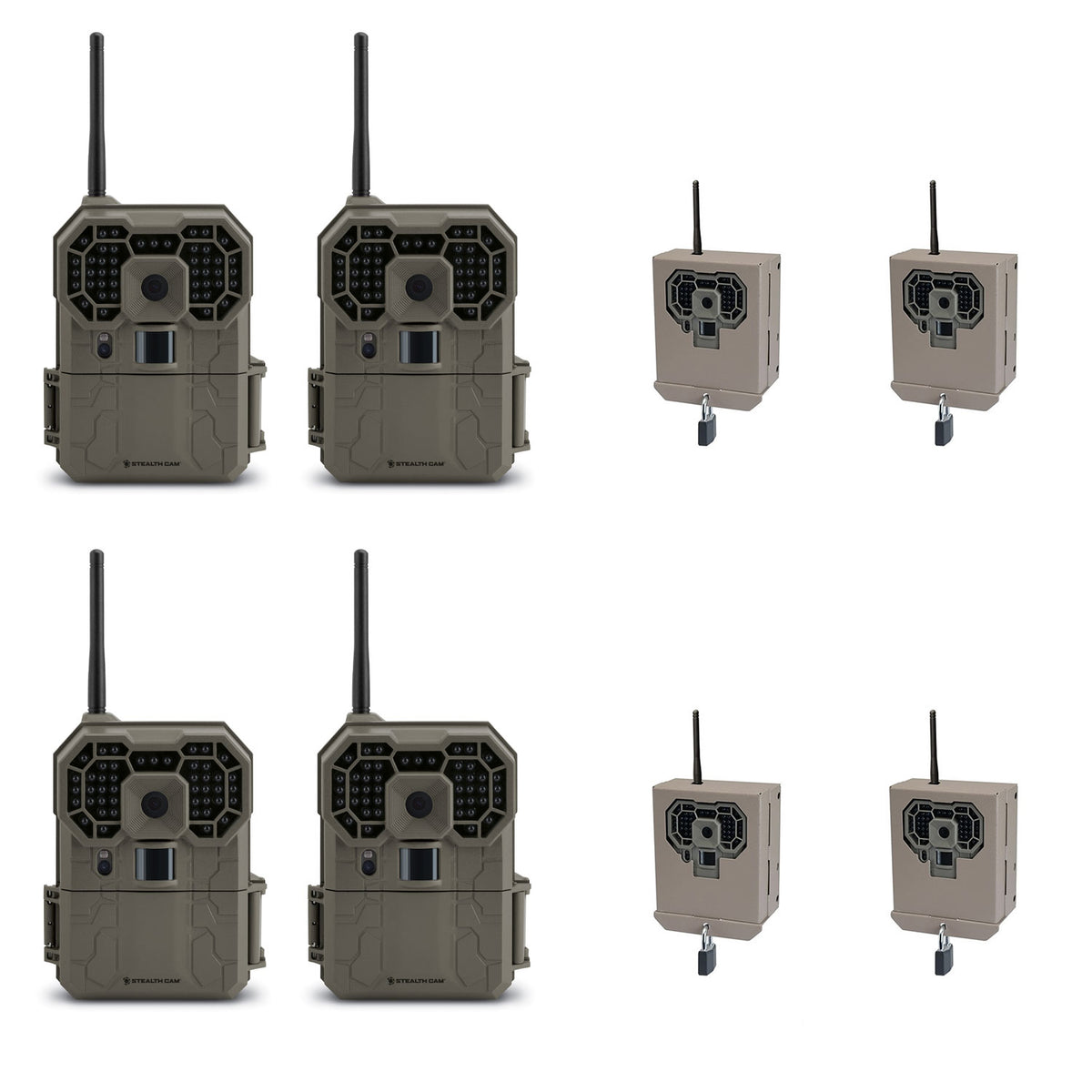 Stealth Cam 12MP Wireless Trail Camera (4 Pack) + Camera Security Box (4 Pack)