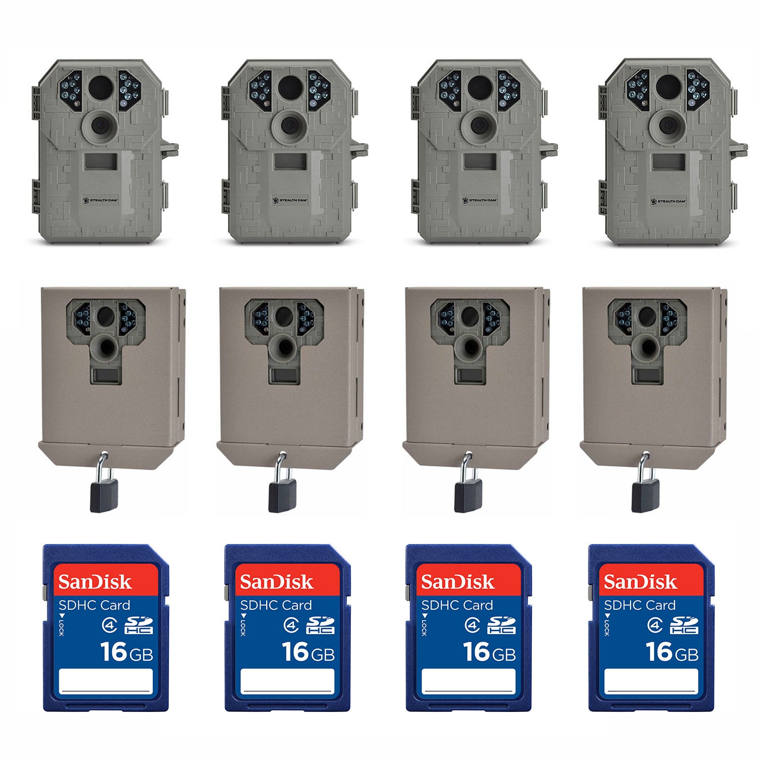 Stealth Cam Game Camera (4 Pack) + Security Box (4 Pack) + Memory Card (4 Pack)