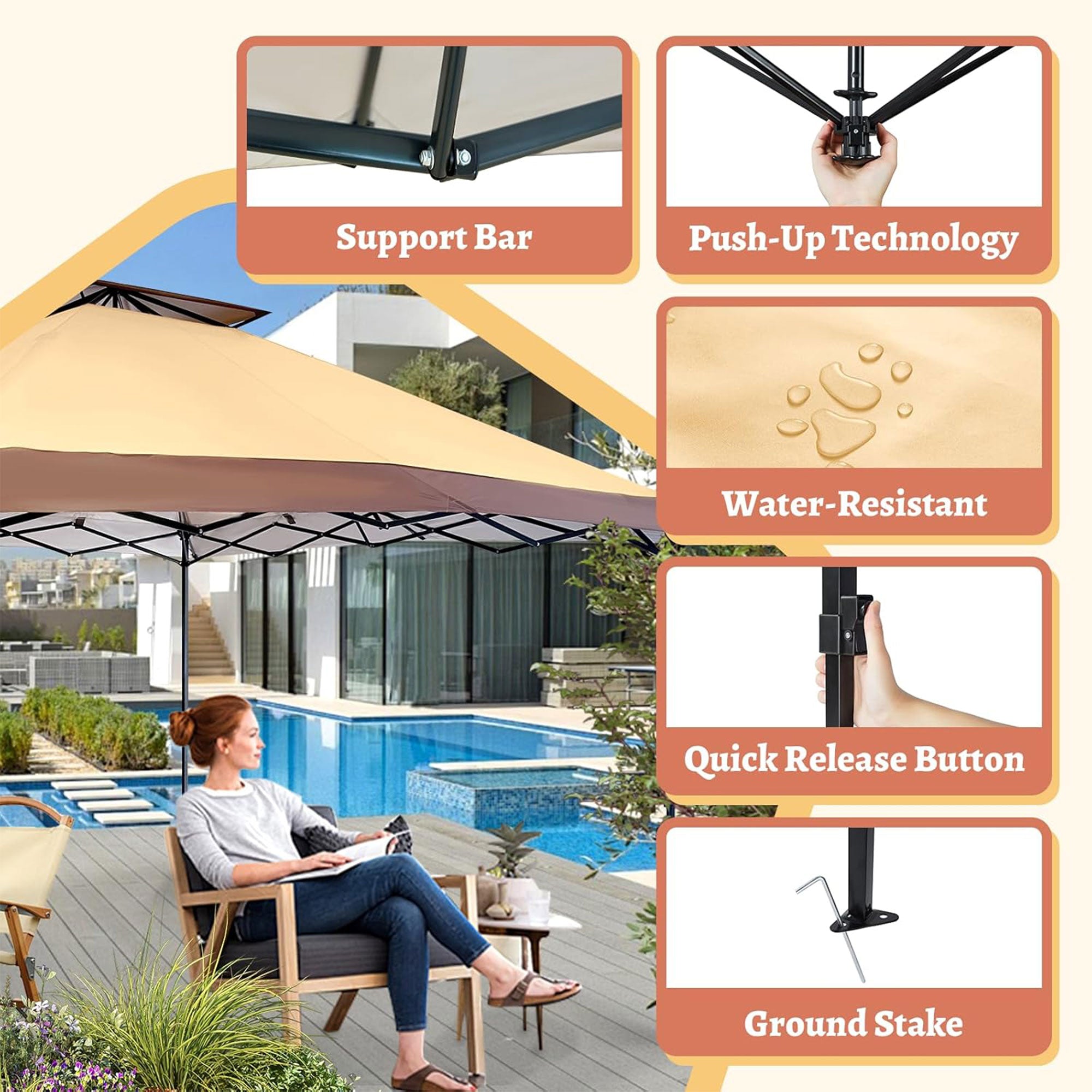 Suntime 13 x 13 Ft Instant Pop Up Canopy Portable Commercial Gazebo Tent, Khaki - VMInnovations