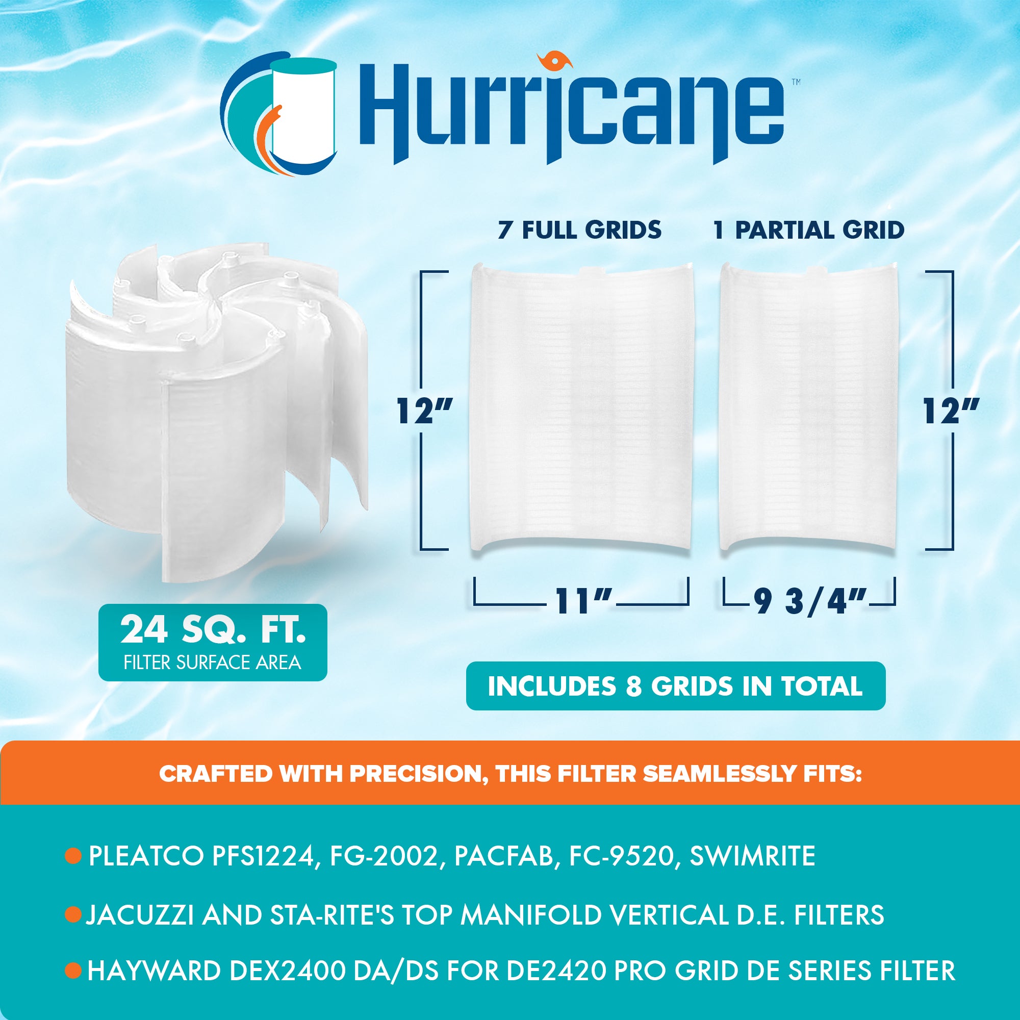 Hurricane 3 Pack HF-DE24-SET 24 sq ft DE Grid Filter Replacement w/ 7 Full Grids
