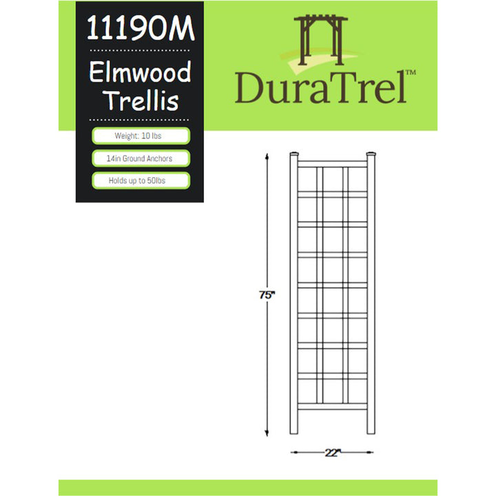 Dura-Trel Elmwood 22 by 75 Inch Indoor Outdoor Garden Trellis w/Ground Anchors, Plant Support for Vines, Climbing Plants, Flowers, & Vegetables, Mocha - VMInnovations