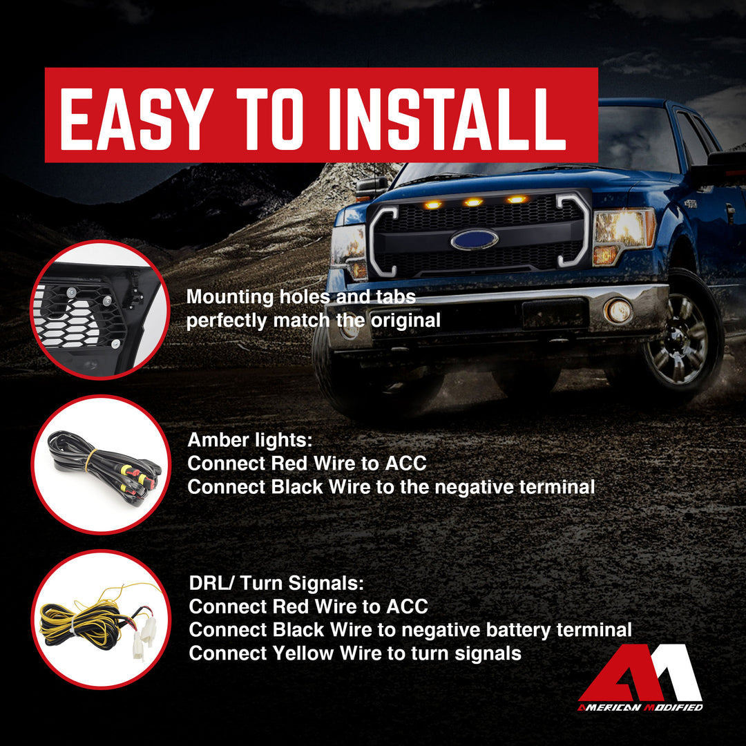 AMERICAN MODIFIED Raptor Style Mesh Grille for 2009-2014 Ford F150, Matte Black - VMInnovations