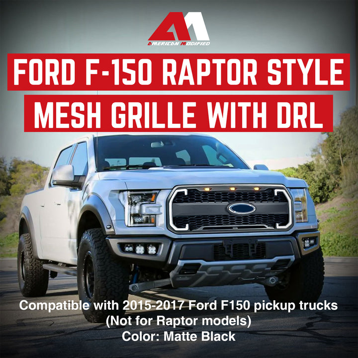 AMERICAN MODIFIED Raptor Style Mesh Grille for 2015-2017 Ford F150, Matte Black - VMInnovations