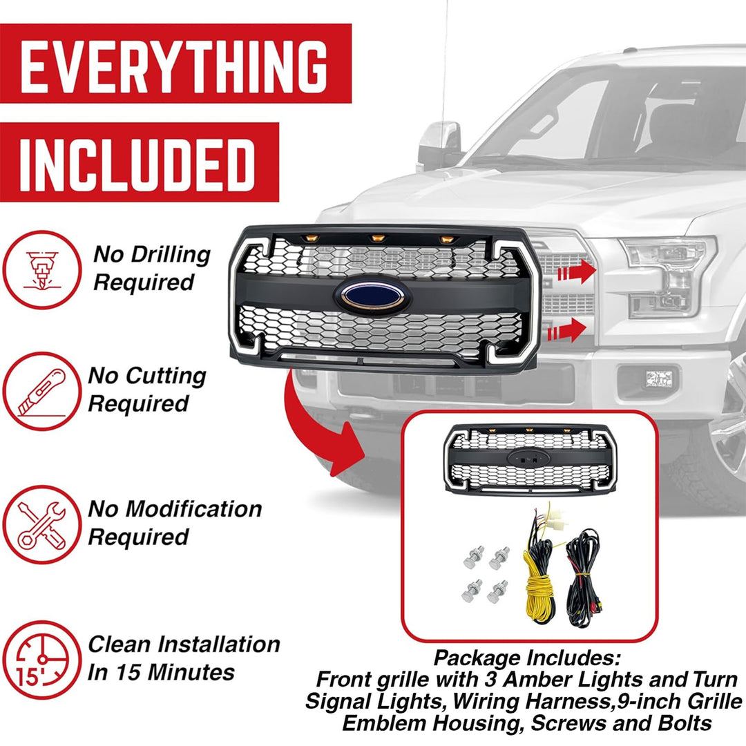 AMERICAN MODIFIED Raptor Style Mesh Grille for 2015-2017 Ford F150, Matte Black - VMInnovations