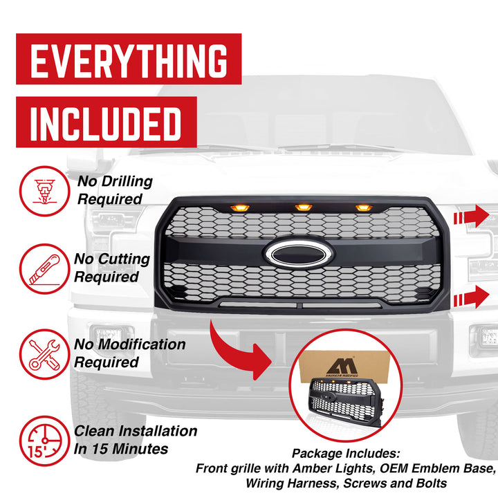 AMERICAN MODIFIED Raptor Style Mesh Grille for 2015-2017 Ford F150, Matte Black - VMInnovations