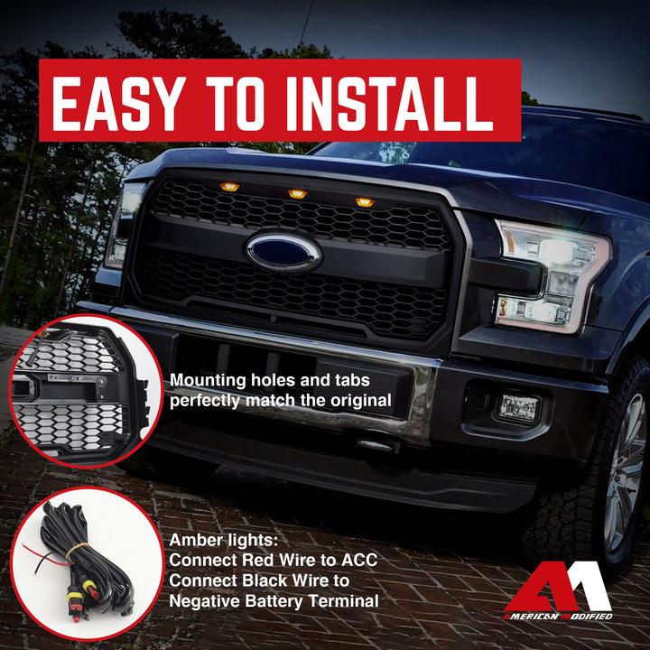 AMERICAN MODIFIED Raptor Style Mesh Grille for 2015-2017 Ford F150, Matte Black - VMInnovations