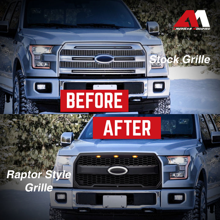 AMERICAN MODIFIED Raptor Style Mesh Grille for 2015-2017 Ford F150, Matte Black - VMInnovations