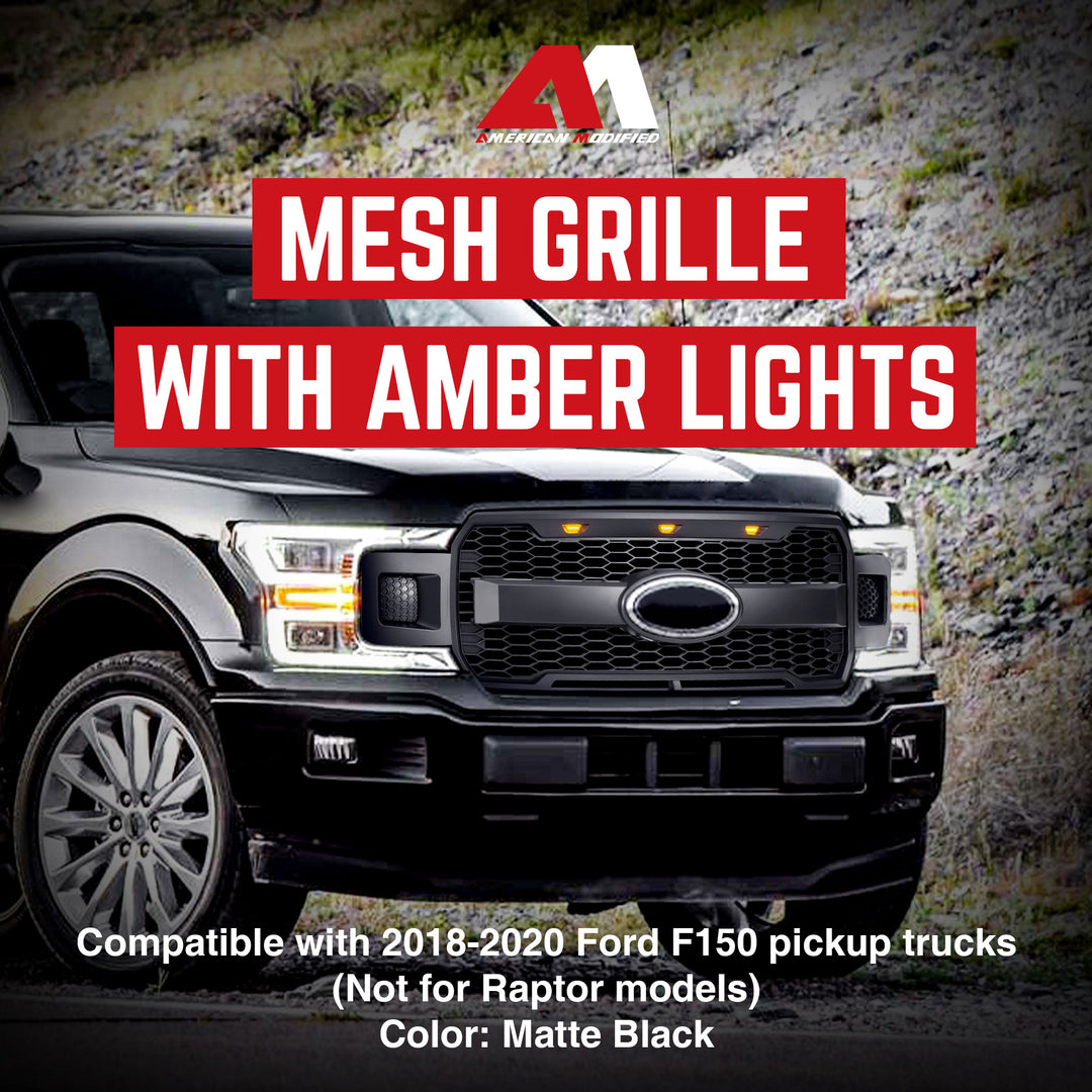 AMERICAN MODIFIED Raptor Style Mesh Grille for 2018-2020 Ford F150, Matte Black - VMInnovations