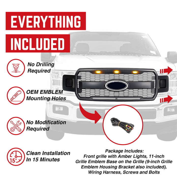 AMERICAN MODIFIED Raptor Style Mesh Grille for 2018-2020 Ford F150, Matte Black - VMInnovations