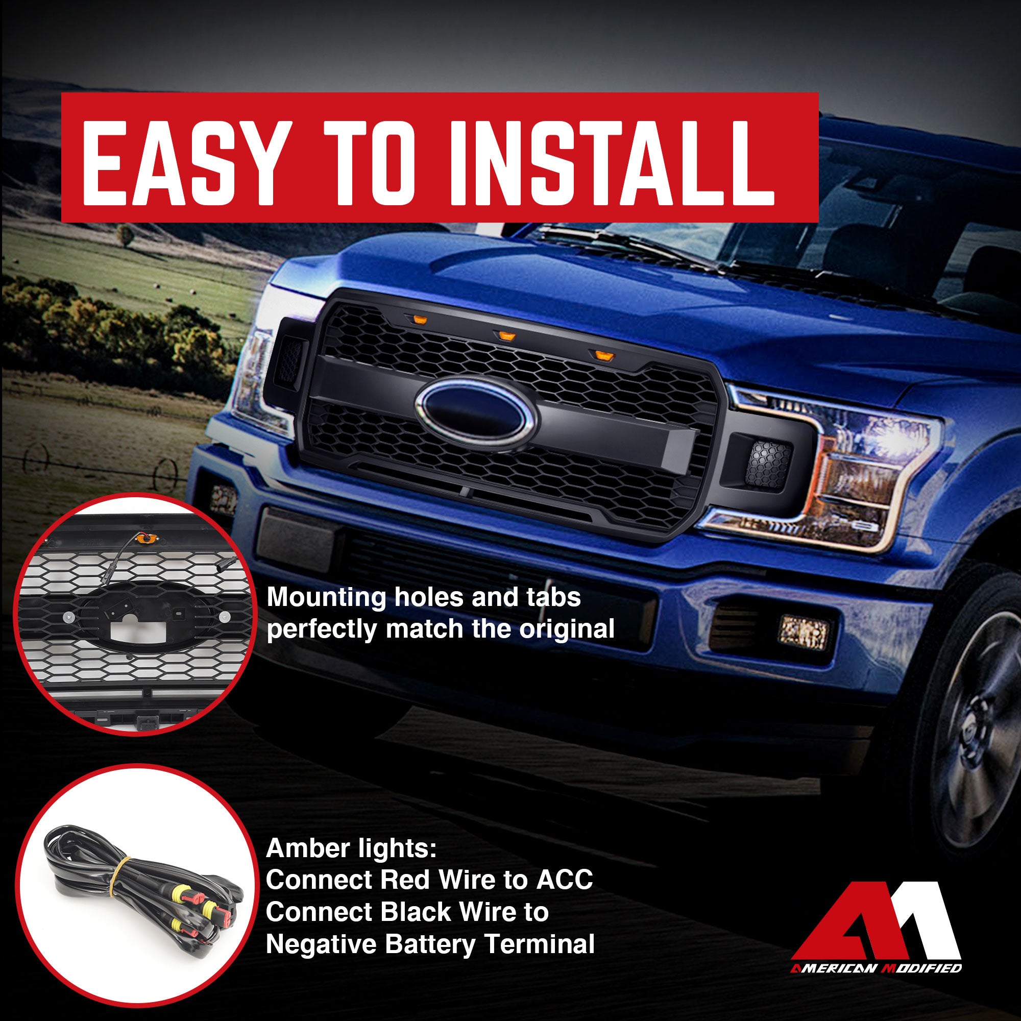 AMERICAN MODIFIED Raptor Style Mesh Grille for 2018-2020 Ford F150, Matte Black - VMInnovations
